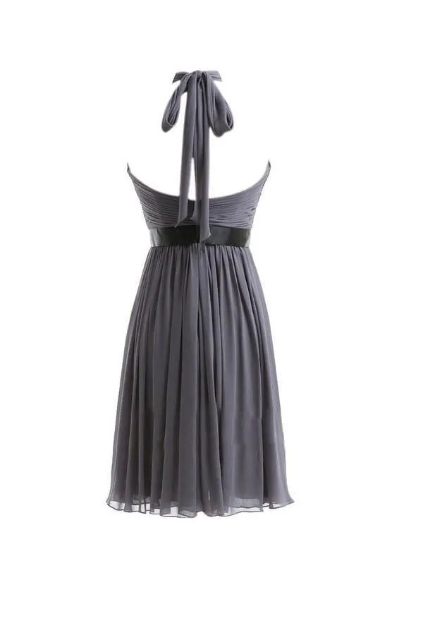 A-line Chiffon Halter Ruched Sash High Low Bridesmaid Dresses BD016