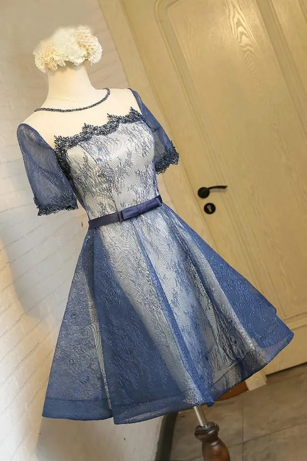 A-Line Crew Knee-Length Short Sleeves Navy Blue Homecoming Dress  TR0201