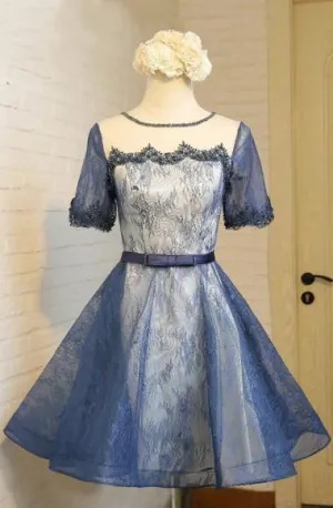 A-Line Crew Knee-Length Short Sleeves Navy Blue Homecoming Dress  TR0201