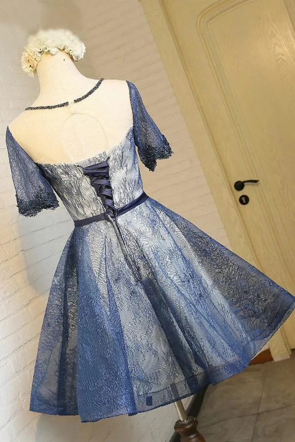 A-Line Crew Knee-Length Short Sleeves Navy Blue Homecoming Dress  TR0201