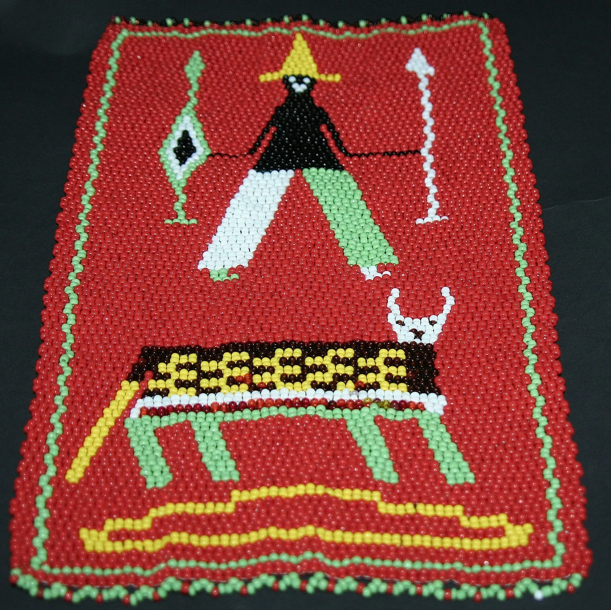 African Beaded Picture Mat Tribal Art Hunter Red 11.5" H X 7.25" W Woven South Africa