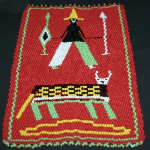 African Beaded Picture Mat Tribal Art Hunter Red 11.5" H X 7.25" W Woven South Africa