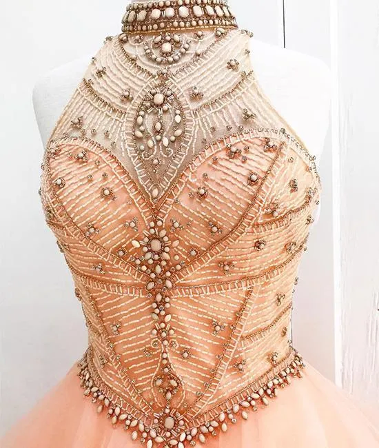 Anneprom Ball Gown High Neck Orange Long Tulle Prom Dress With Beading APP0262