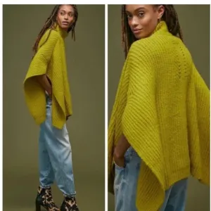 Anthropologie Ribbed Knit Poncho Sweater Lime ONE SIZE