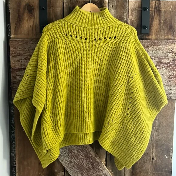 Anthropologie Ribbed Knit Poncho Sweater Lime ONE SIZE