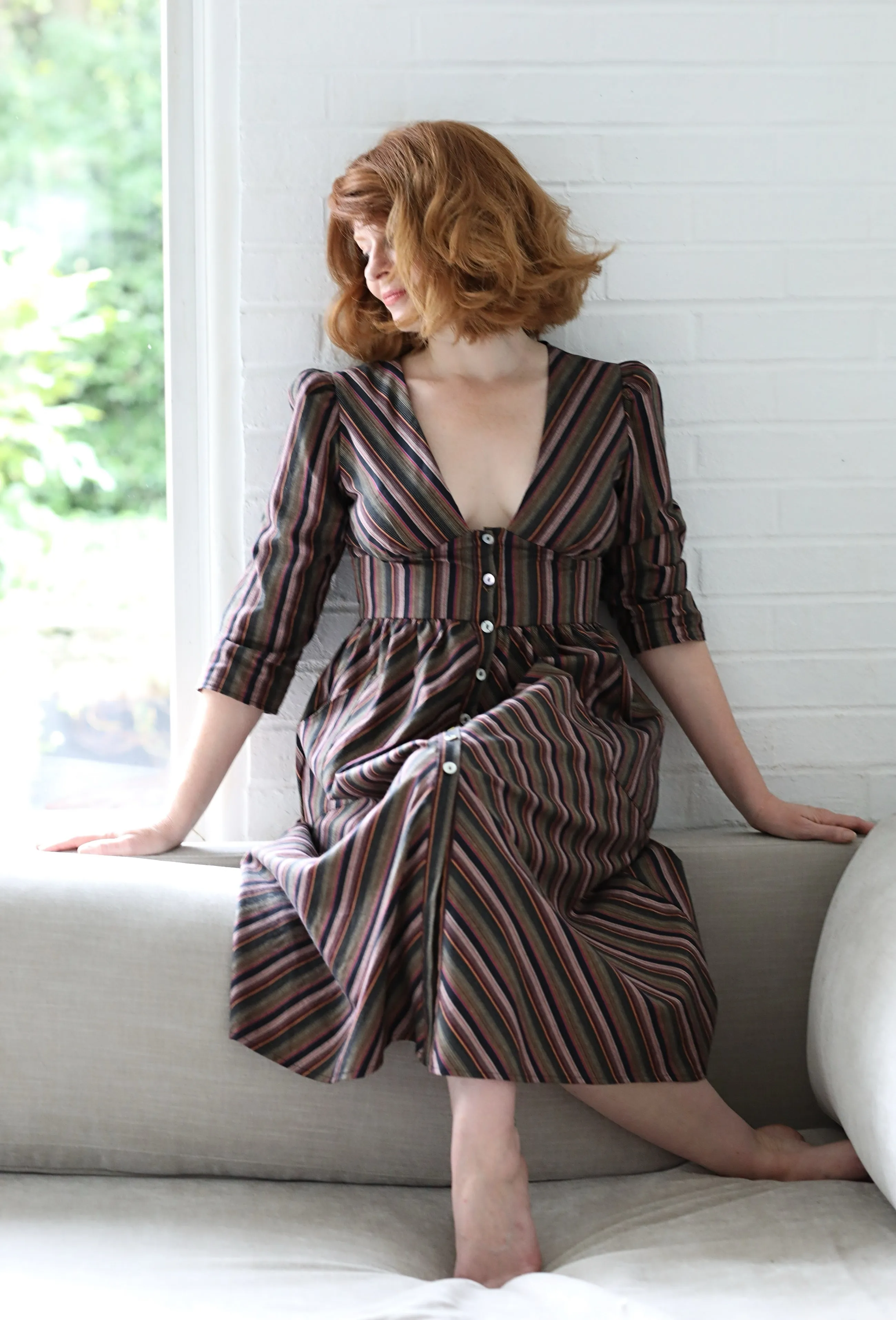 Antonia Dress / Plum Woven Stripe Cotton