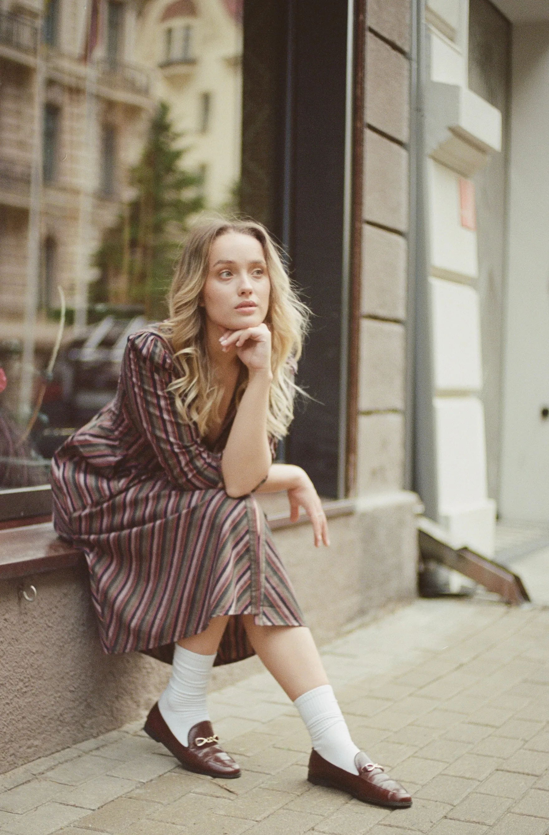 Antonia Dress / Plum Woven Stripe Cotton
