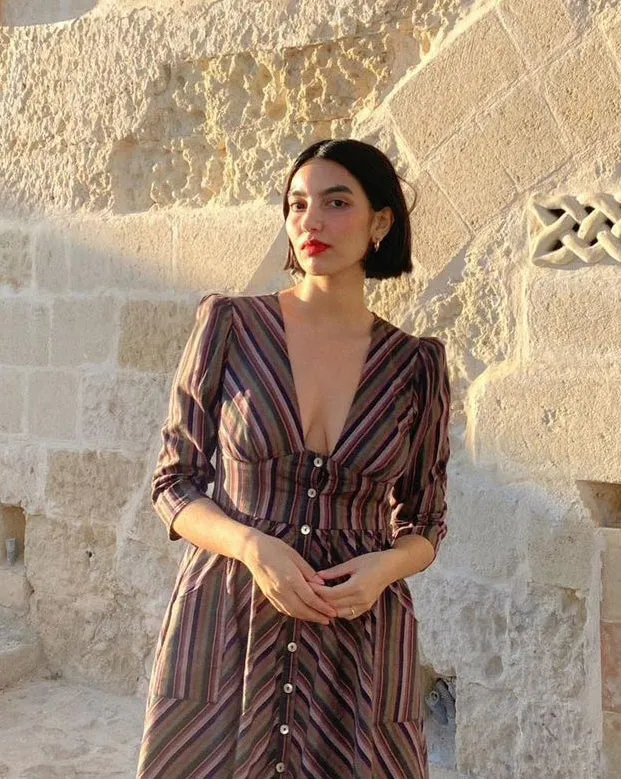 Antonia Dress / Plum Woven Stripe Cotton