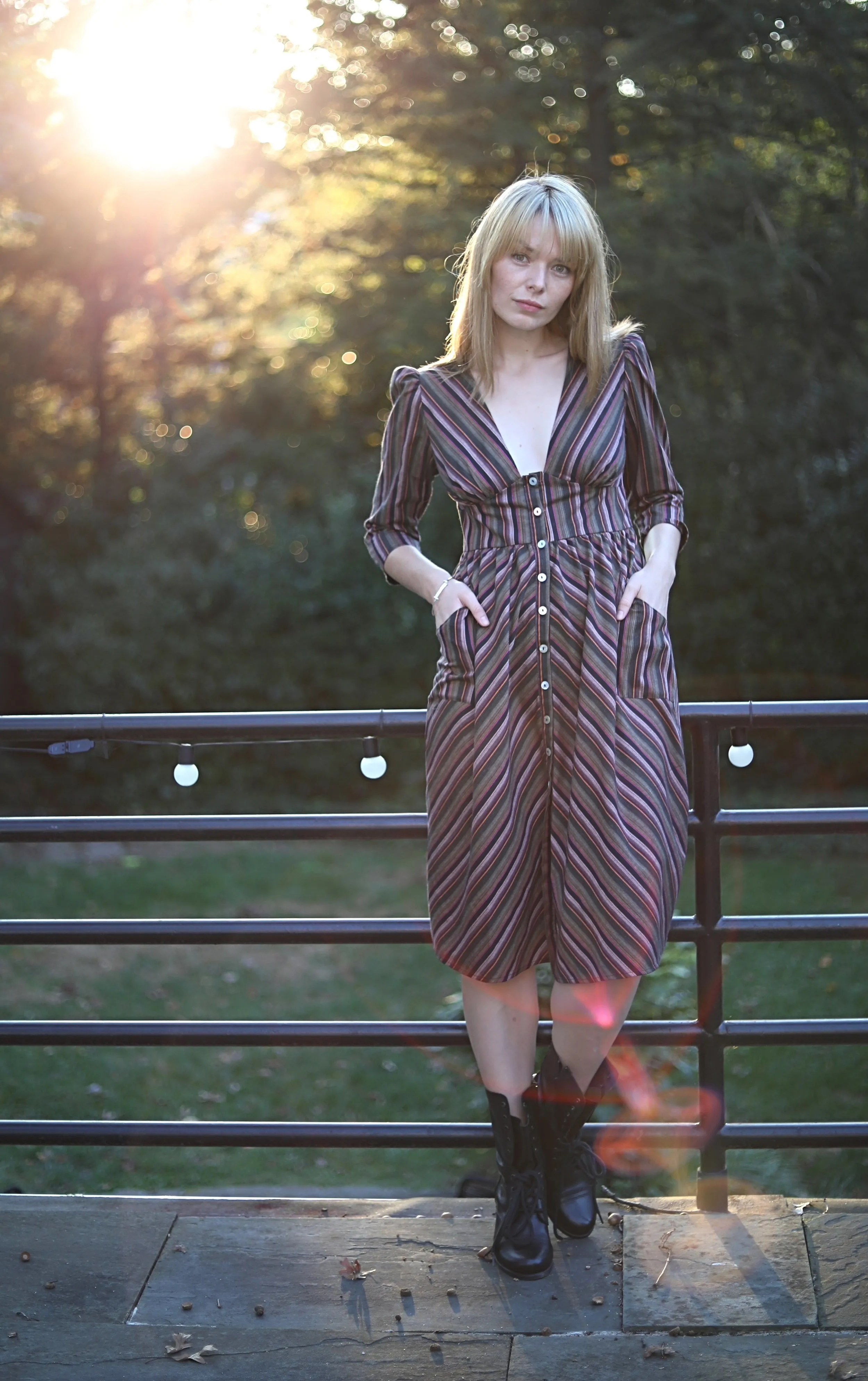 Antonia Dress / Plum Woven Stripe Cotton