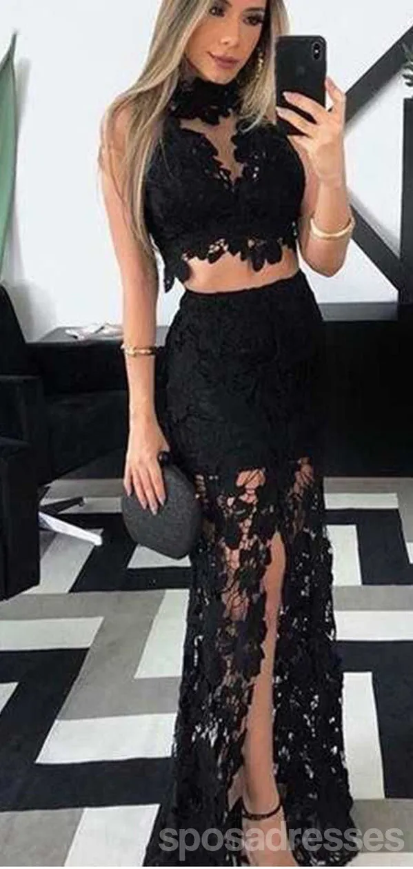 Black Mermaid Two Pieces High Slit Cheap Long Prom Dresses,12946