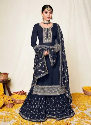 Blue and Gold Embroidered Gharara Suit