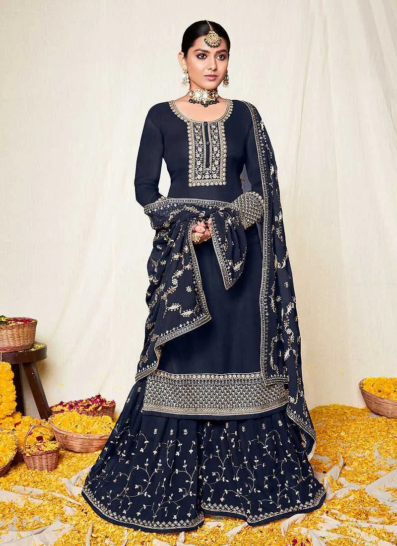 Blue and Gold Embroidered Gharara Suit