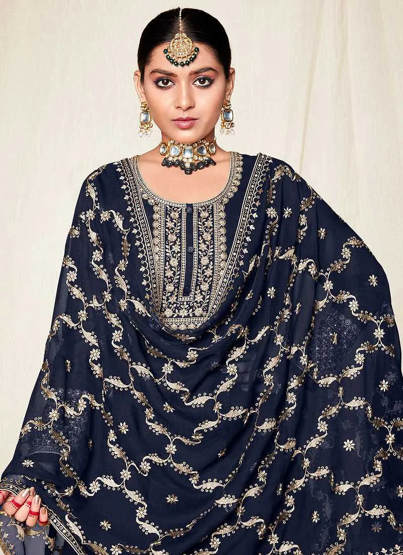 Blue and Gold Embroidered Gharara Suit