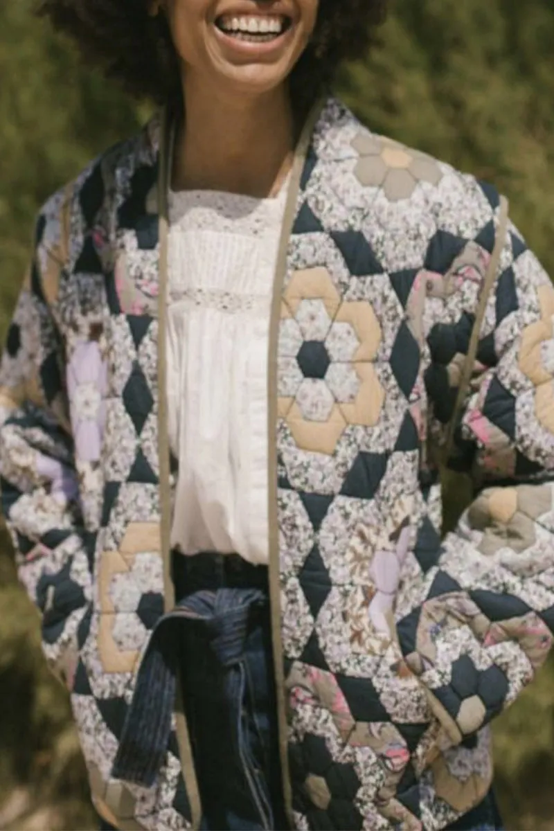 Casual College Floral Pocket Mandarin Collar Outerwear
