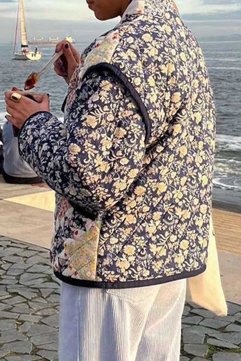 Casual College Floral Pocket Mandarin Collar Outerwear
