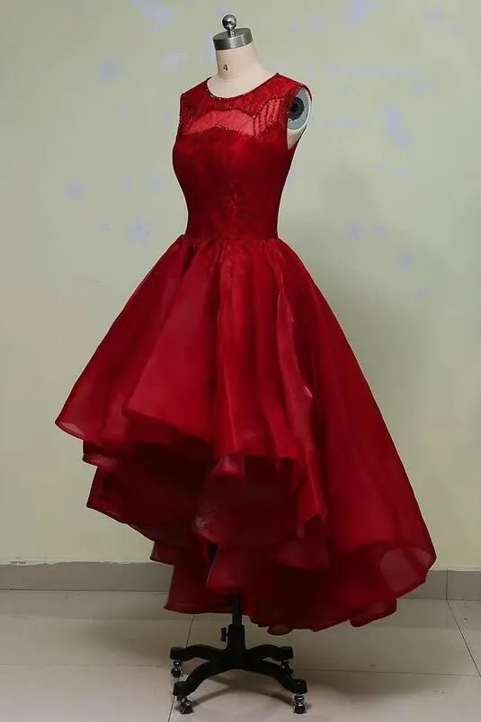 Charming Organza and Lace Beaded High Low Formal Dress, Lovely Party Dress