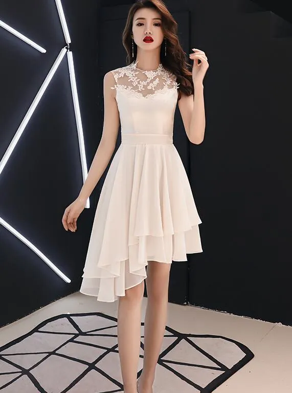 Chic High Low Chiffon and Satin Lace Party Dress, High Low Homecoming Dress Prom Dress
