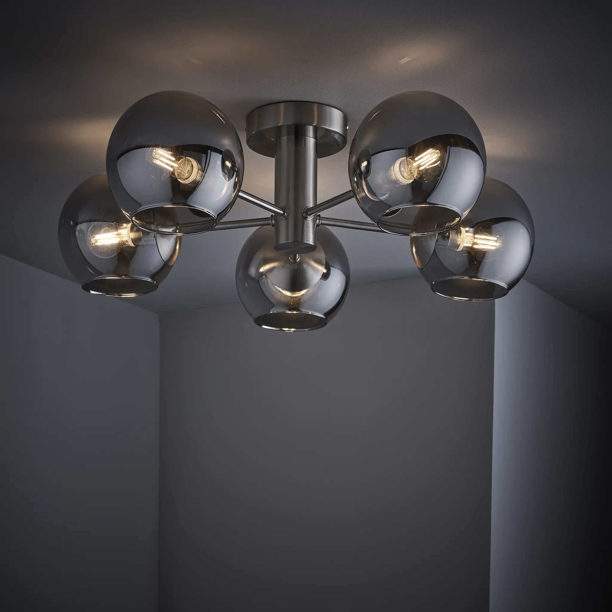 Colney 5 Light Smoked Glass Semi Flush Ceiling Light 55Cm