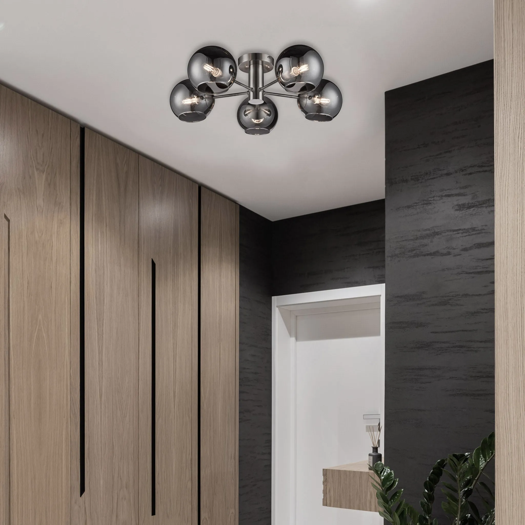 Colney 5 Light Smoked Glass Semi Flush Ceiling Light 55Cm