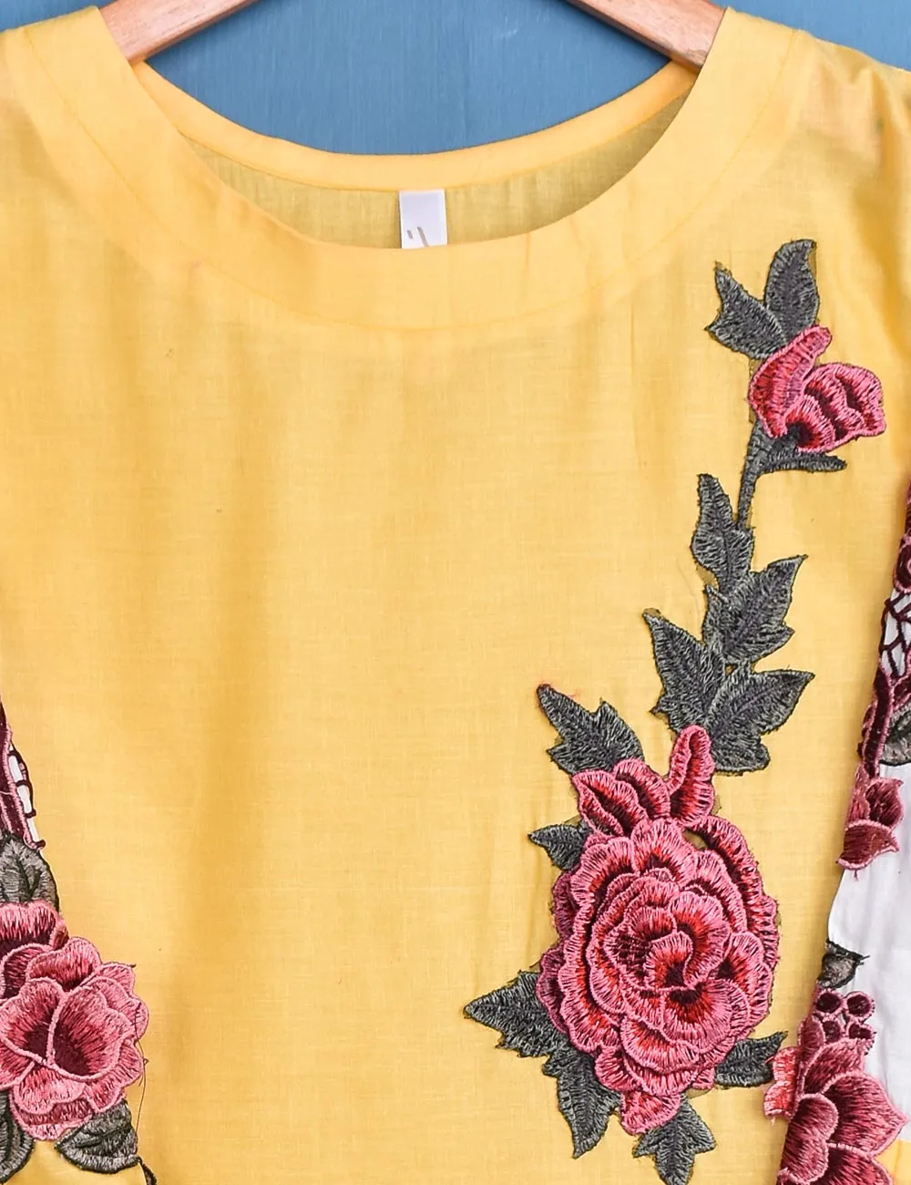 Cotton Embroidered Stitched Kurti - Floral Art (TS-049A-Yellow)
