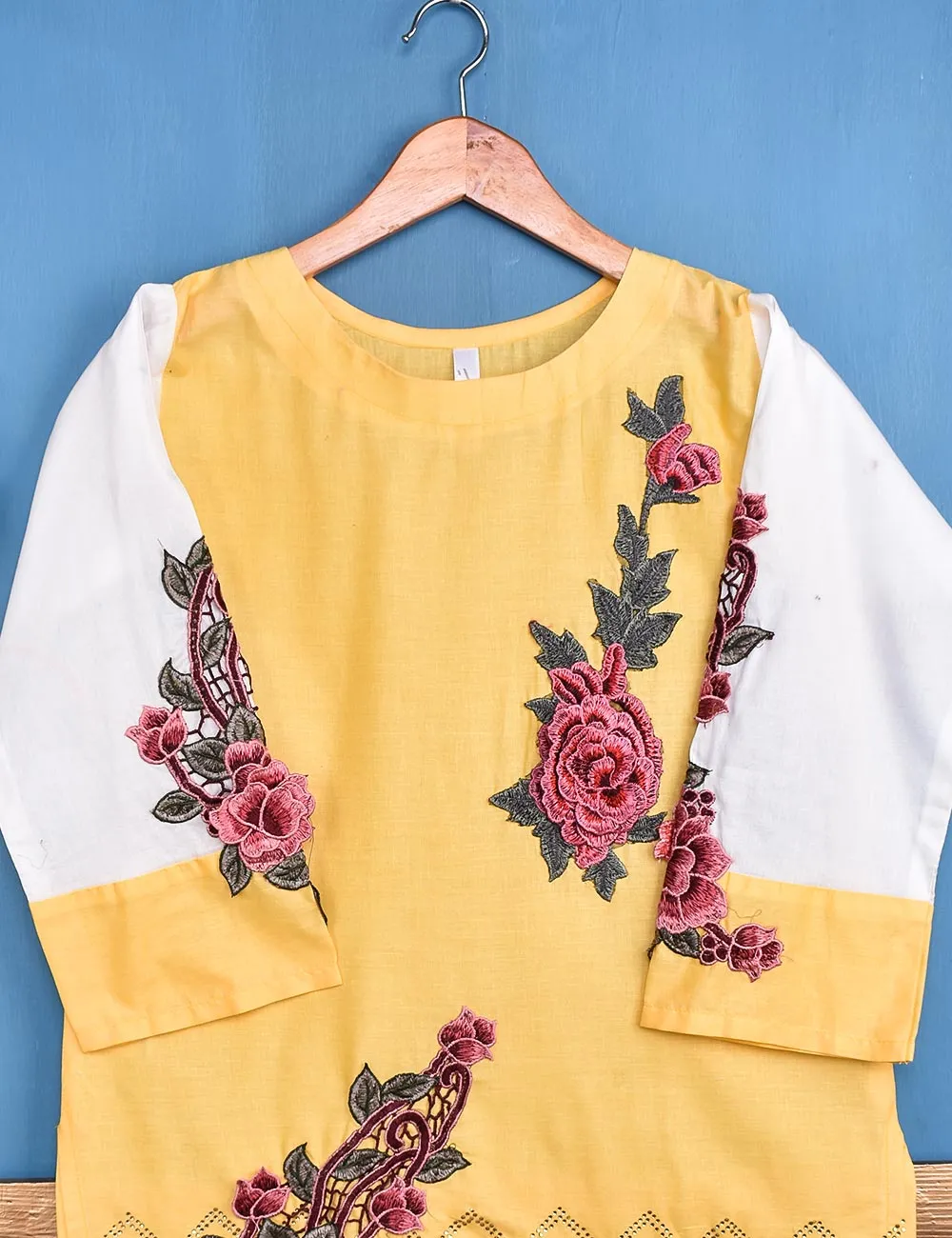 Cotton Embroidered Stitched Kurti - Floral Art (TS-049A-Yellow)
