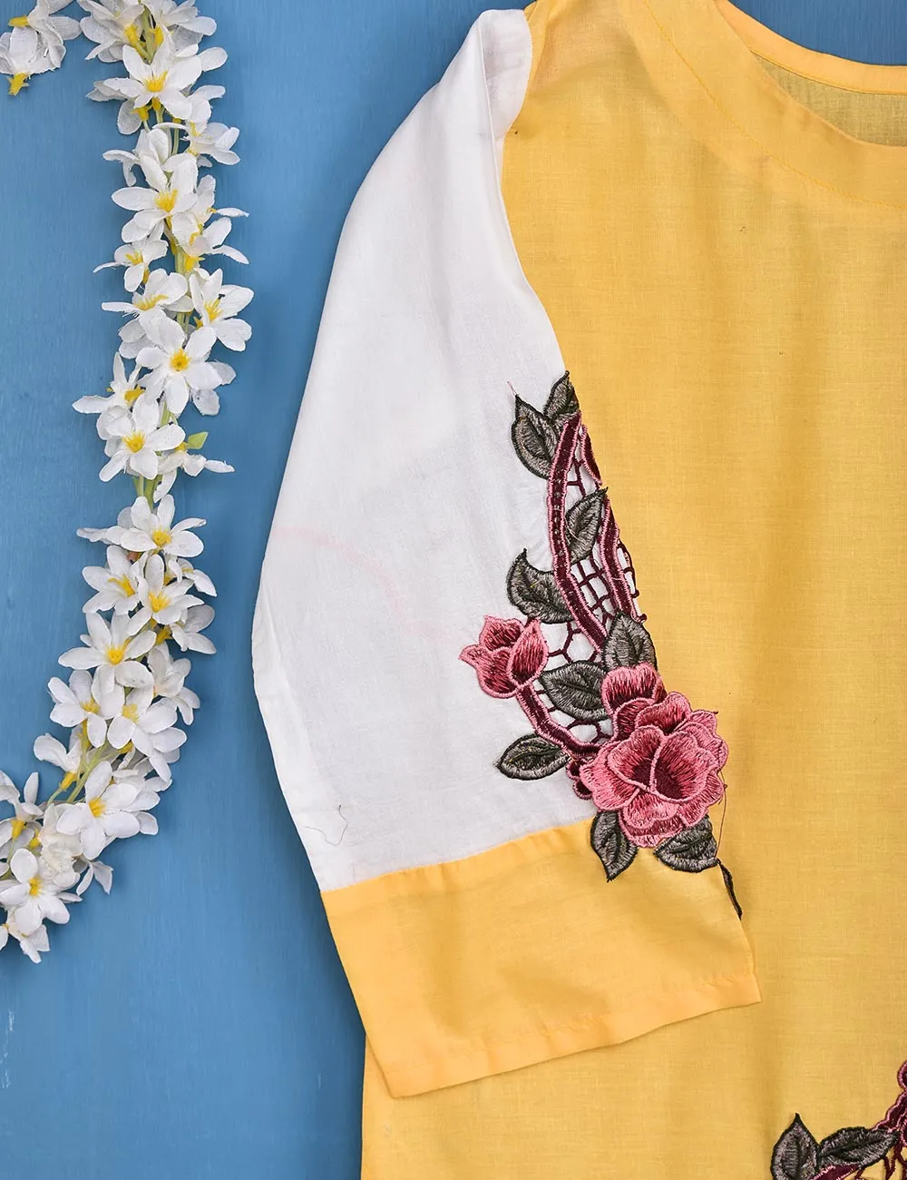 Cotton Embroidered Stitched Kurti - Floral Art (TS-049A-Yellow)