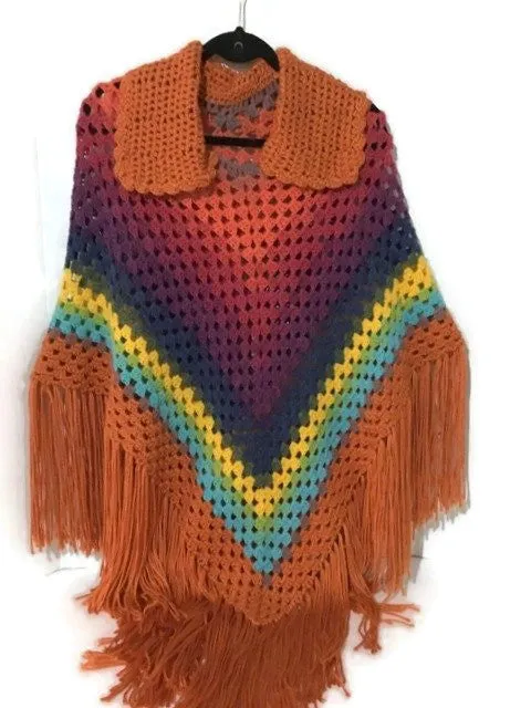 Crochet poncho with collar, woman poncho, orange yarn, handmade, The Orange Poncho,