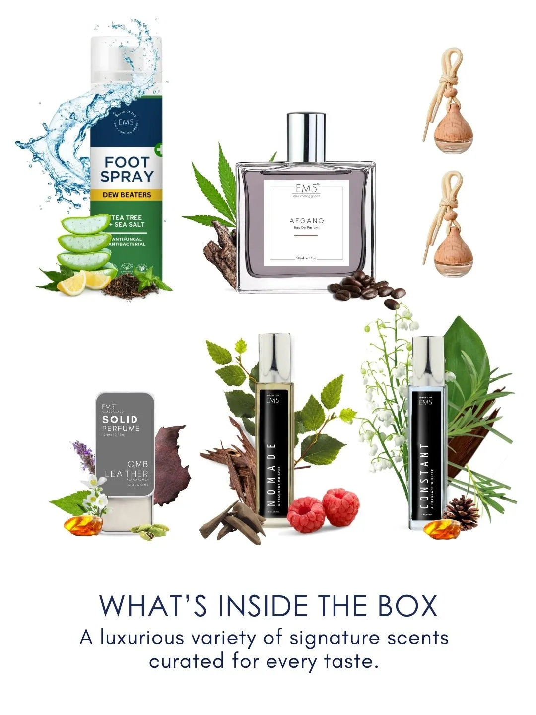 EM5™ Gift Hamper for Brother | Premium Gift Set | 2 x 15 ml Perfume Sprays, 1 x 50 ml Perfume Spray, 2 x Car Perfumes, 1 x Solid Perfume, 1 x Foot Spray | Luxury Gift Pack for Brother