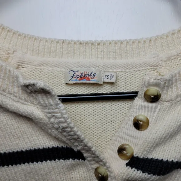 Faherty Cozy Cotton Striped Henley Sweater | Size XS | Black &amp; White