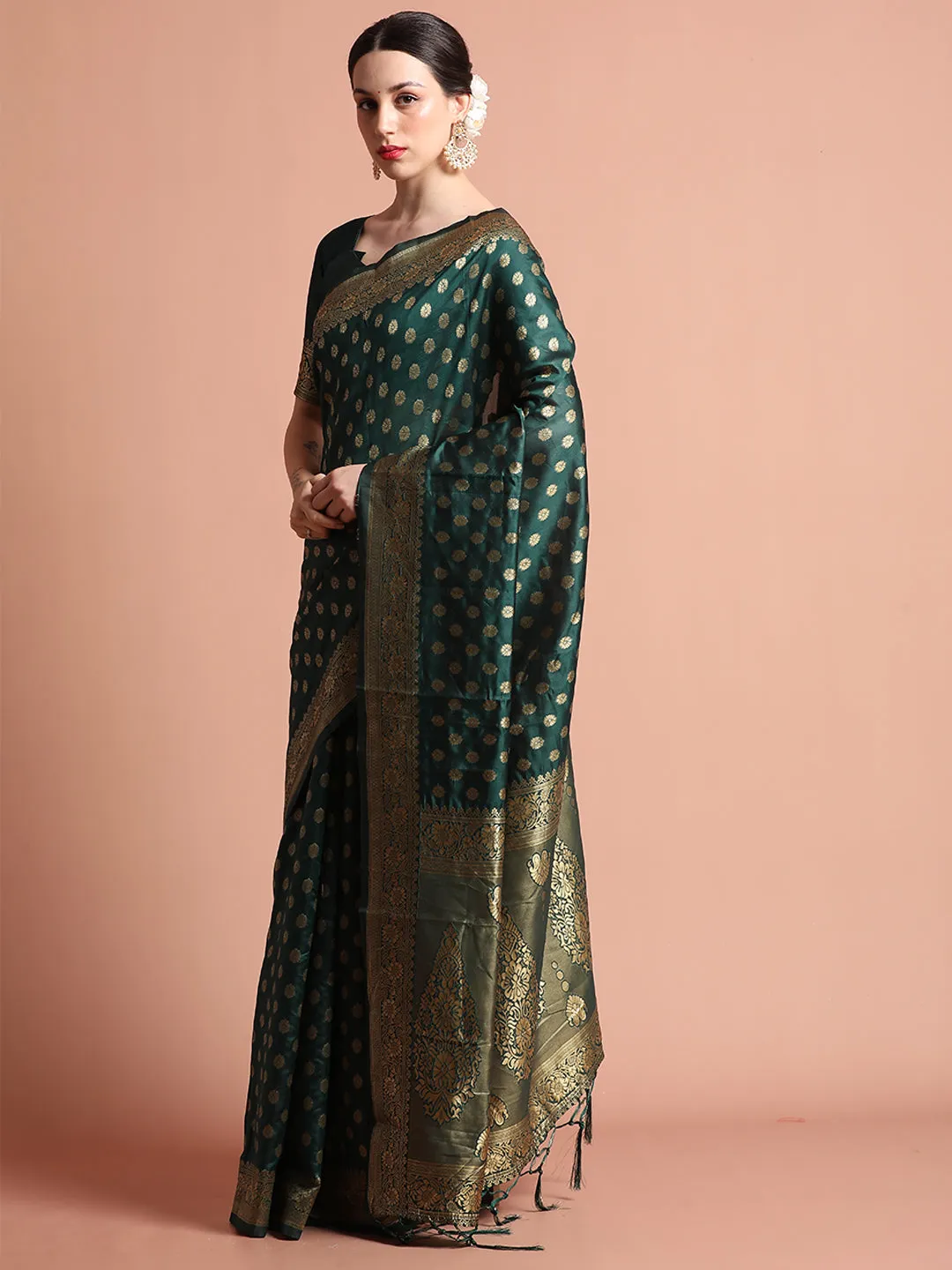 Green Heavy Banarasi Zari Woven Silk Blend Saree