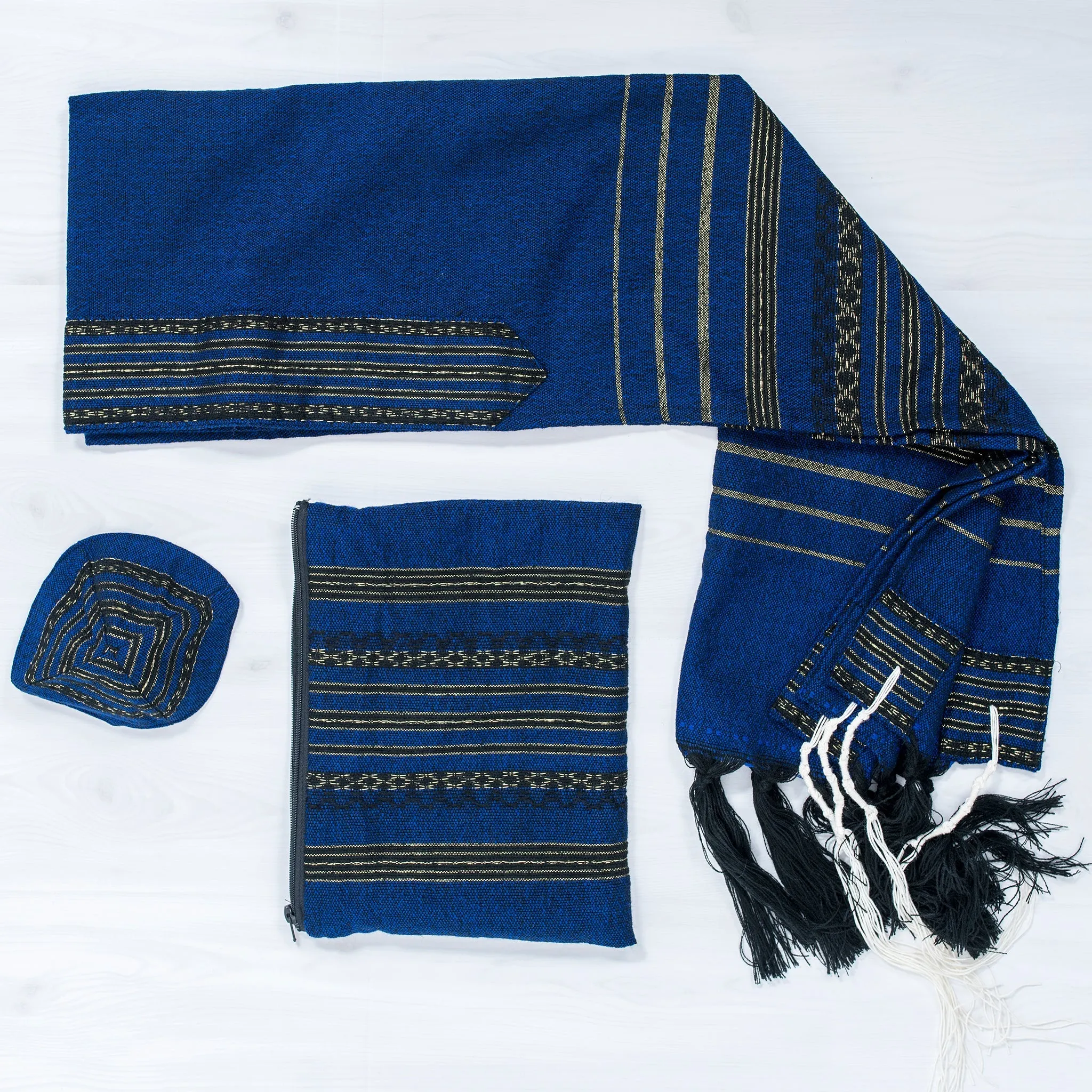 Hagar - Wool Tallit - Black and Gold Design on Blue