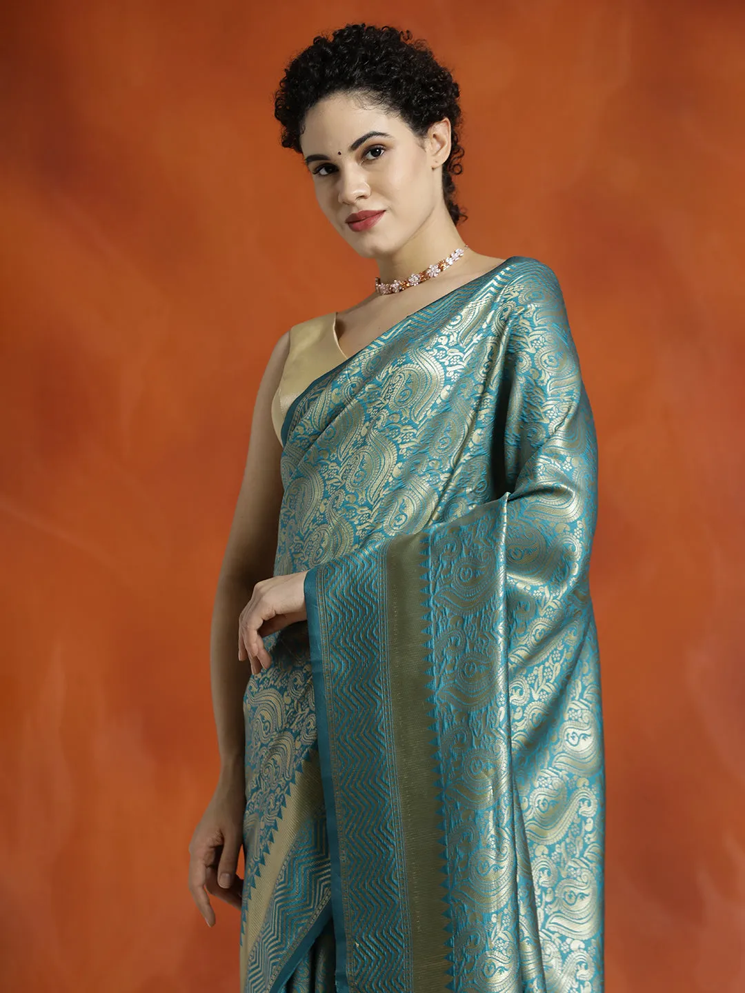Heavy Banarasi Zari Woven Teal Silk Blend Saree