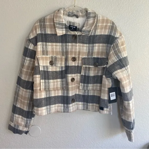 Hurley Crop Shacket Jacket Beigh Gray White Cream