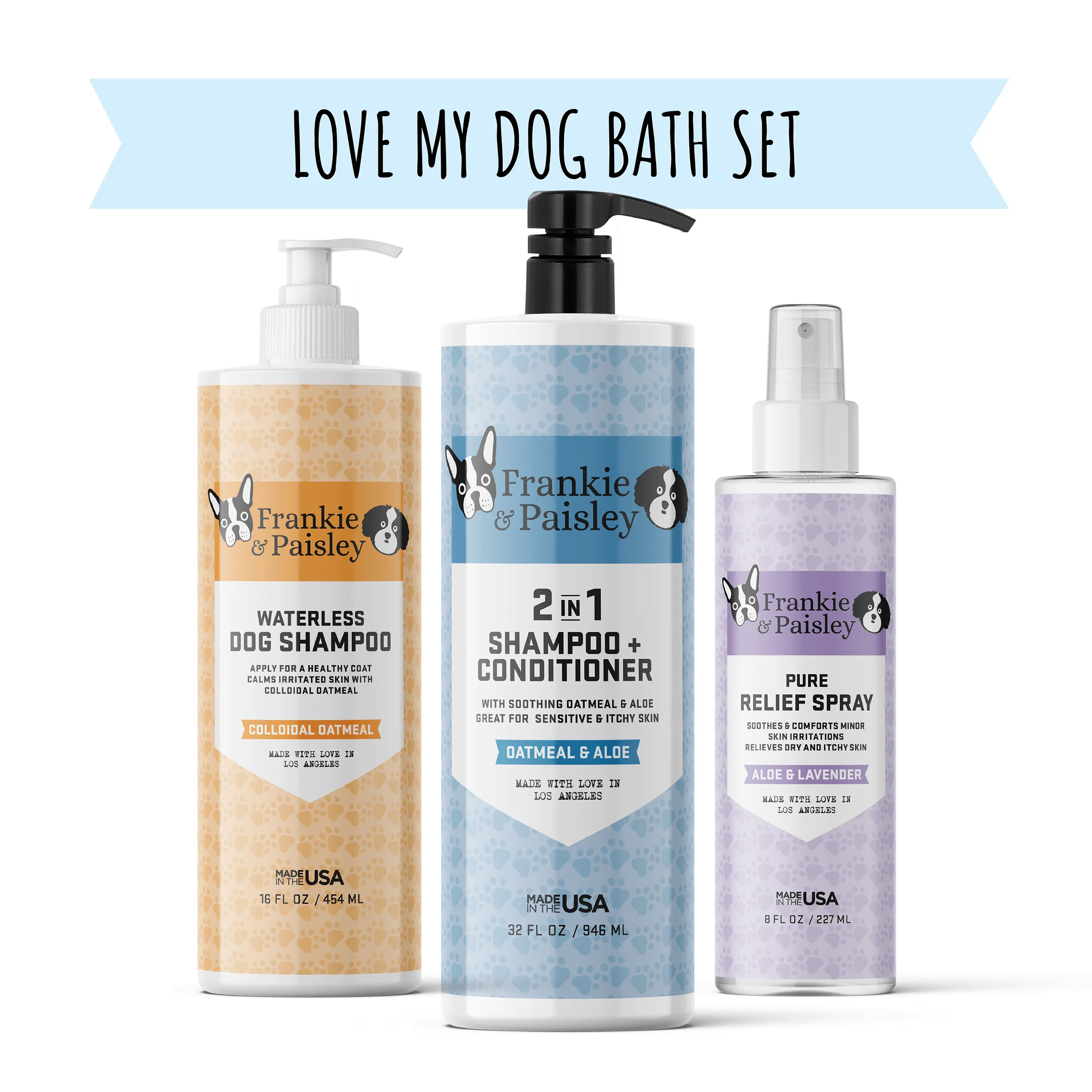 Love My Dog Bath Set - 2-in-1 Shampoo and Conditioner, Waterless Dog Shampoo, and Pure Relief Hot Spot Spray