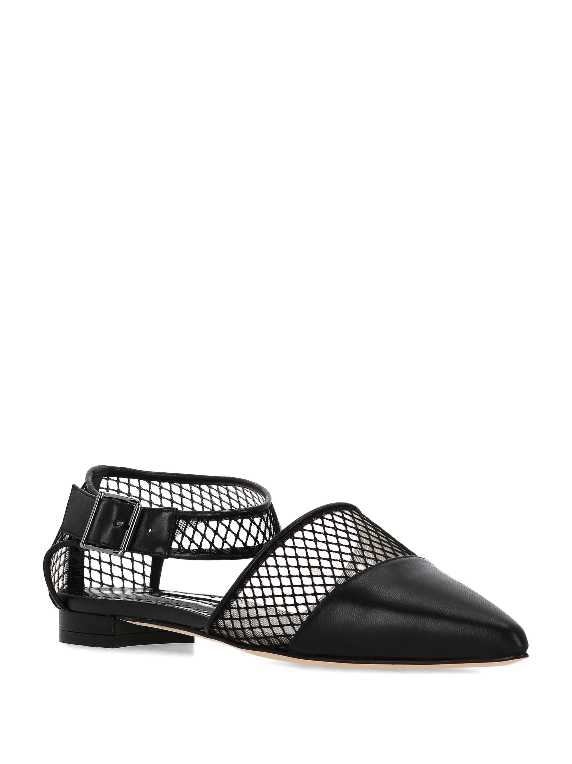 Manolo Blahnik Black Nappa Leather Ankle Strap Flats