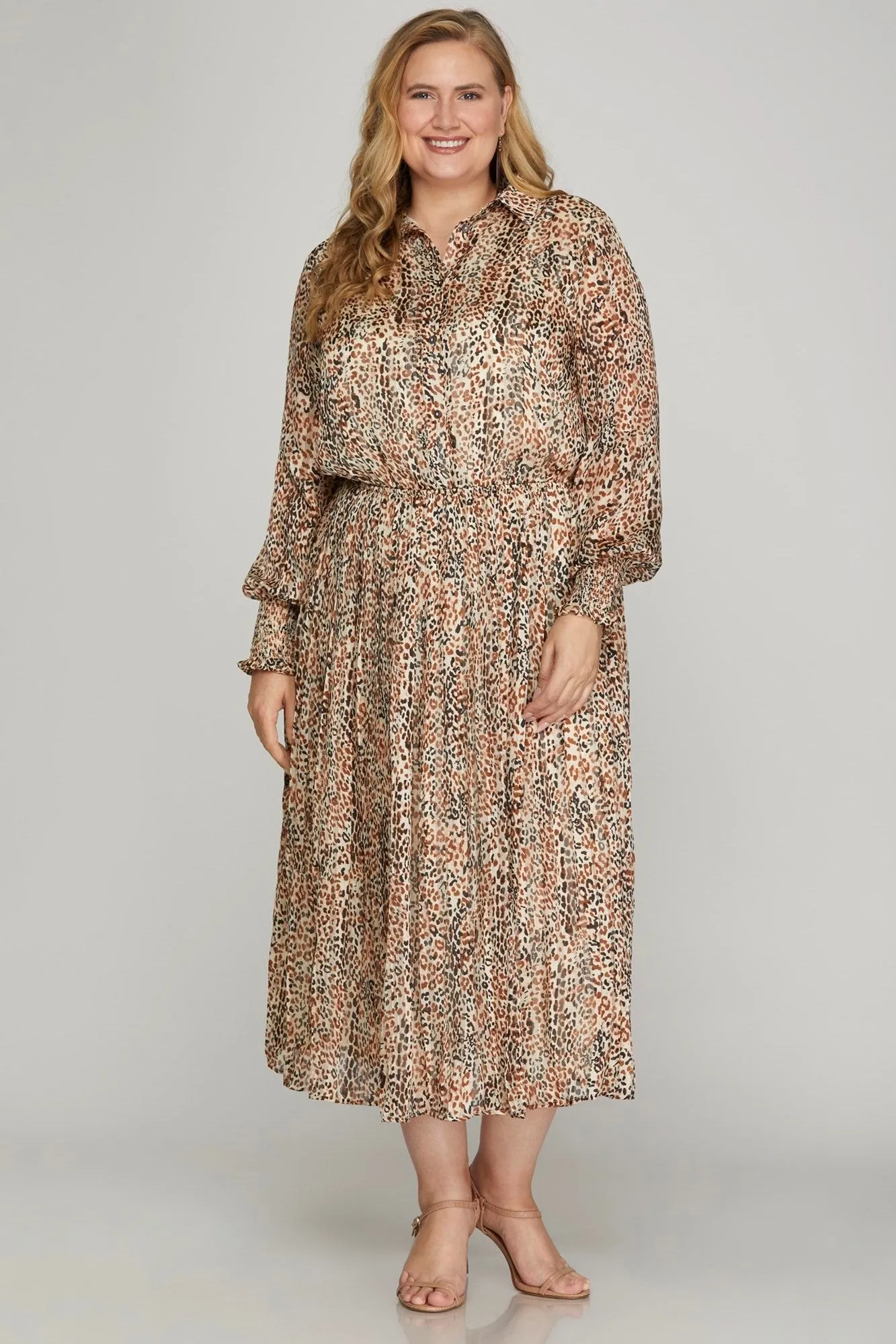METALLIC ANIMAL PRINT WOVEN MIDI DRESS