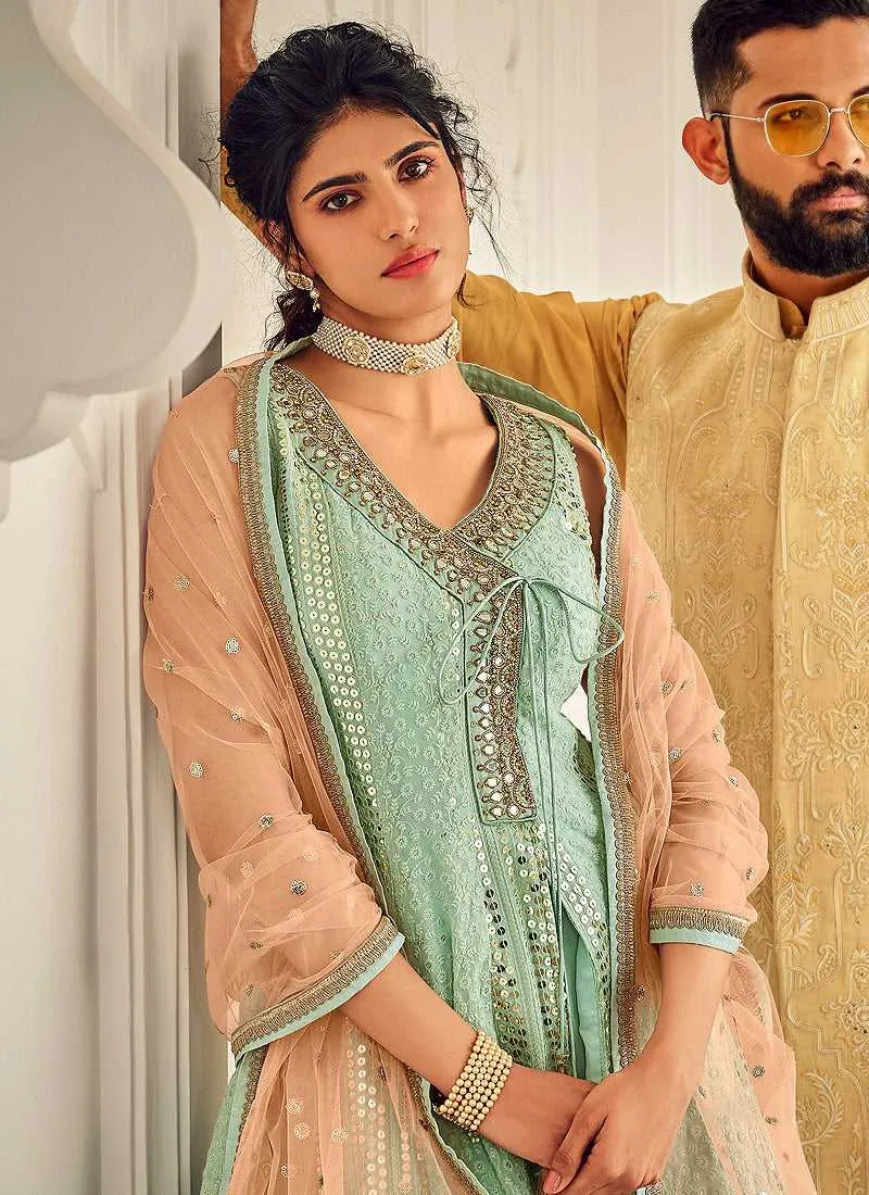 Mint Green and Peach Embroidered Sharara Style Suit