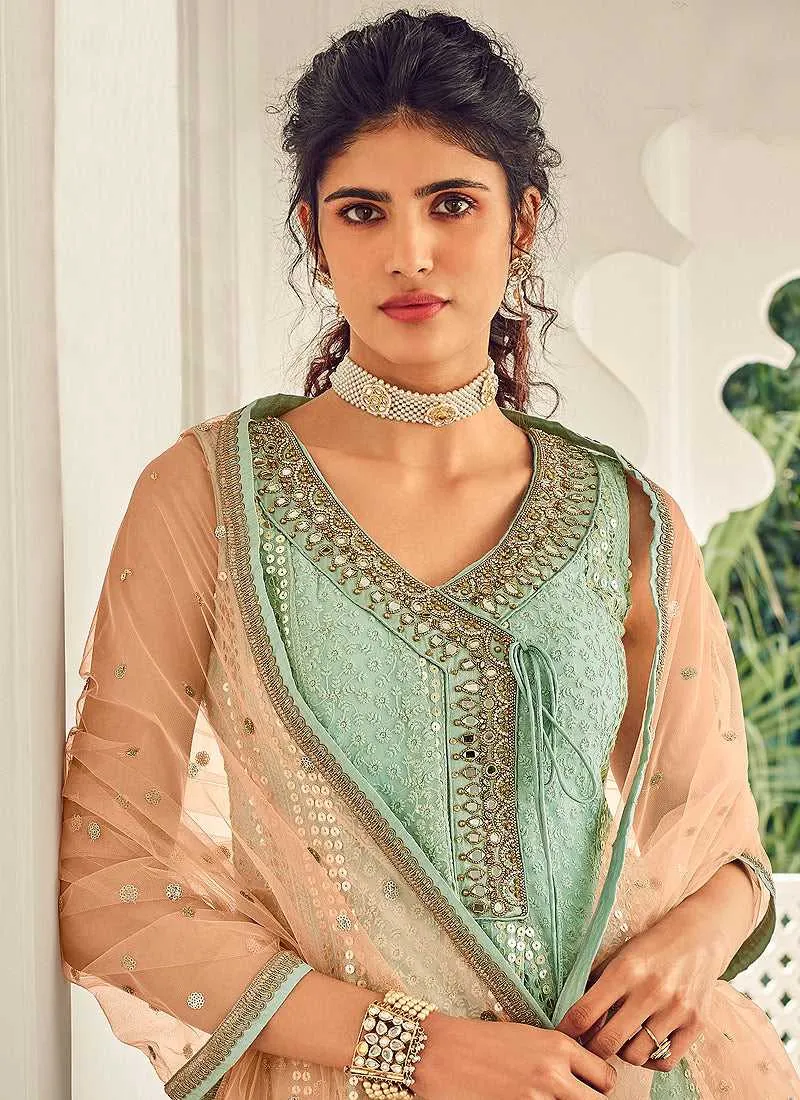 Mint Green and Peach Embroidered Sharara Style Suit