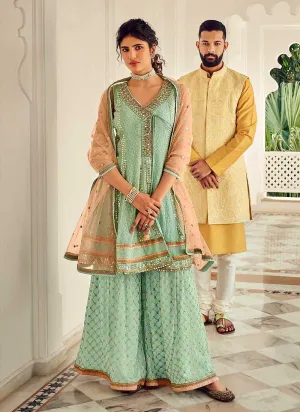 Mint Green and Peach Embroidered Sharara Style Suit