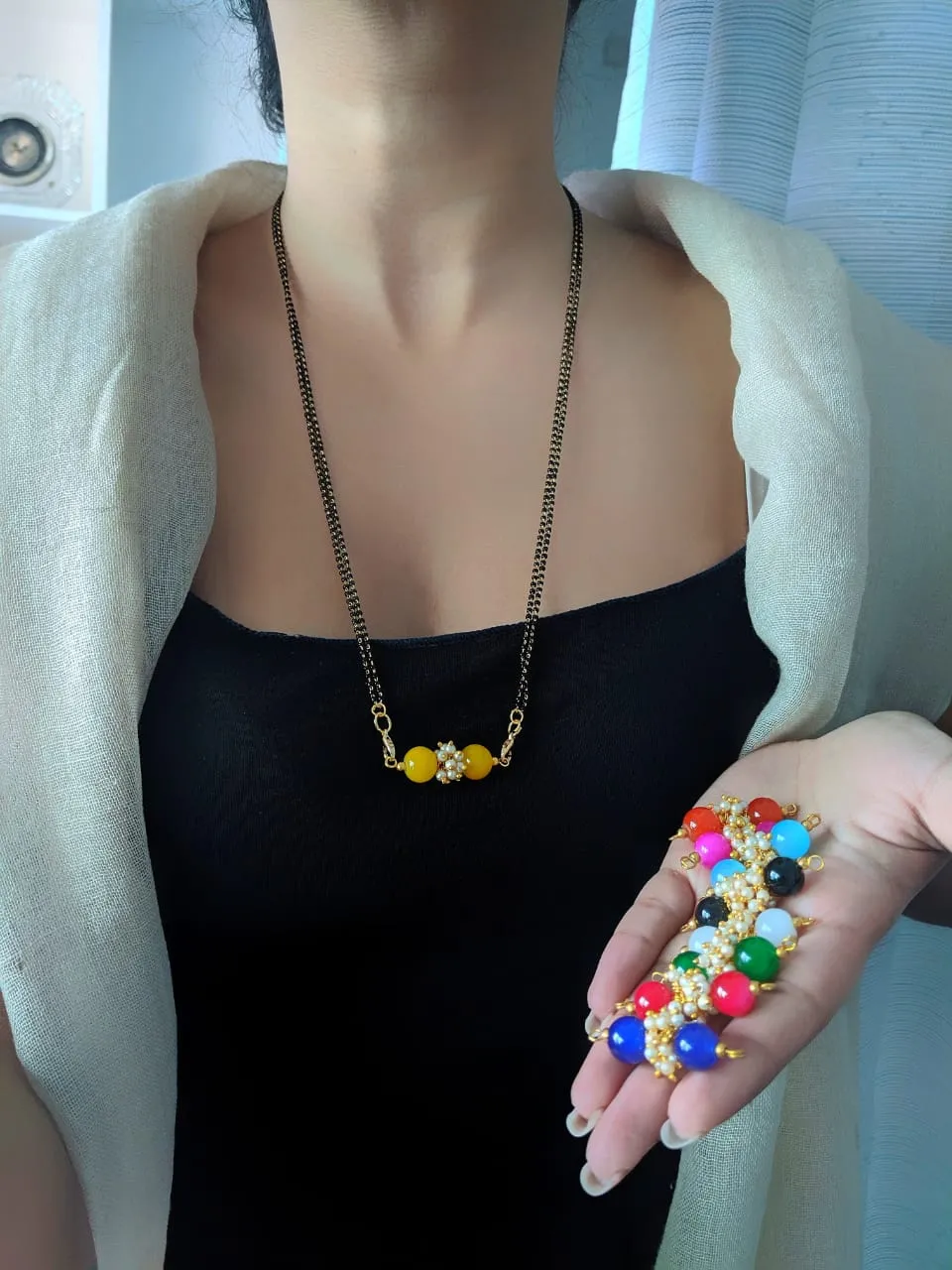 Modern Stylish Short Navaratri Mangalsutra Combo Set Multicolor 9 Changeable Pendant Simple Black Beads Chain