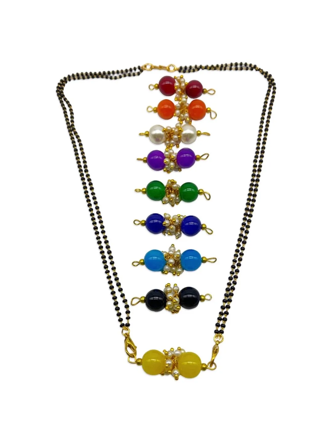Modern Stylish Short Navaratri Mangalsutra Combo Set Multicolor 9 Changeable Pendant Simple Black Beads Chain