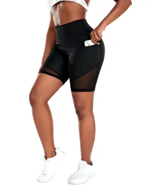 NEW Mesh Splice Side Phone Pocket Shorts Fitness Women's High Waist Biker Tummy Control Yoga Running Workout,Black Sz XL