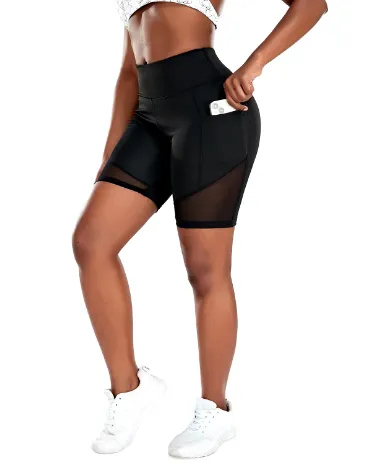 NEW Mesh Splice Side Phone Pocket Shorts Fitness Women's High Waist Biker Tummy Control Yoga Running Workout,Black Sz XL