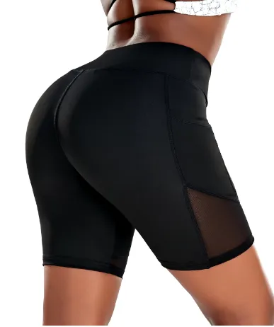 NEW Mesh Splice Side Phone Pocket Shorts Fitness Women's High Waist Biker Tummy Control Yoga Running Workout,Black Sz XL