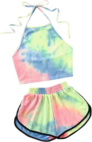 New SweatyRocks Women's 2 Piece Set Halter Crop Top and Shorts Set, Sz M!