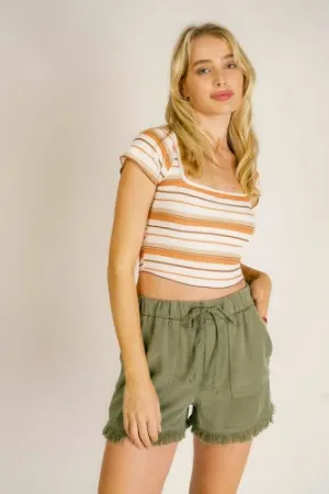 Olive Woven Fray Hem Shorts