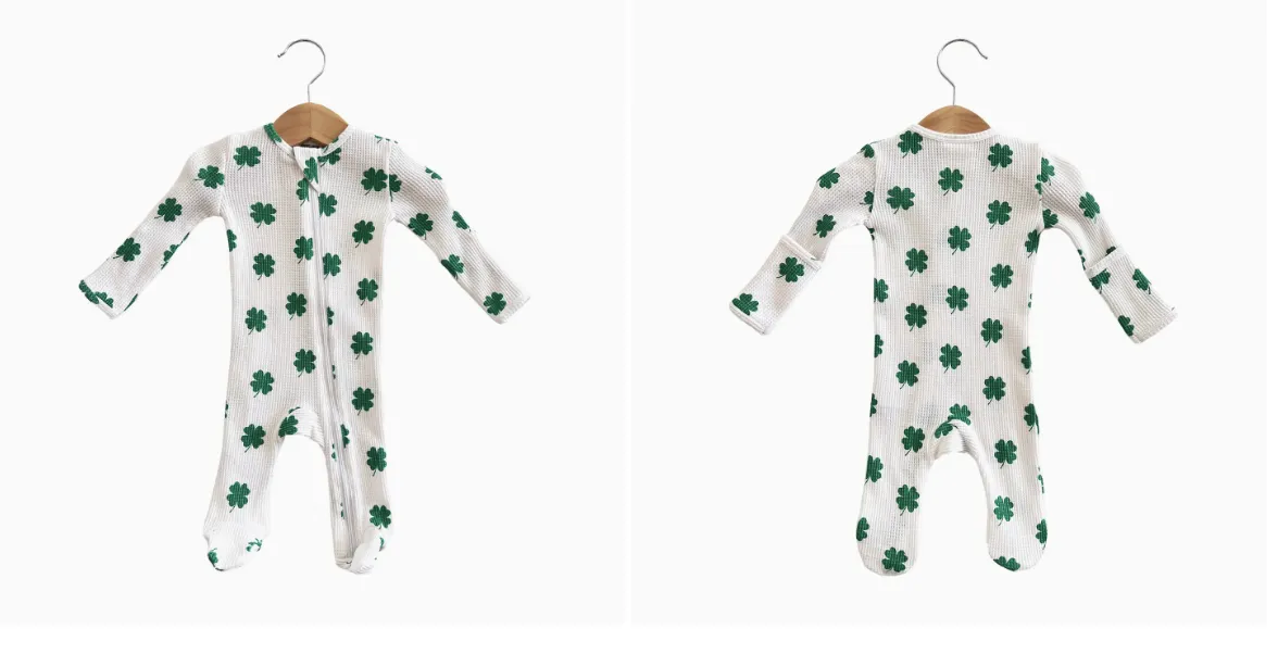 Organic Waffle 2-Way Zip Footie, Clover