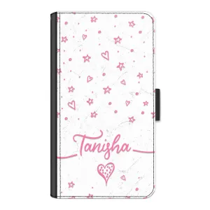 Personalised Honor Phone Leather Wallet with Pink Stylish text, Stars and Hearts on White Marble
