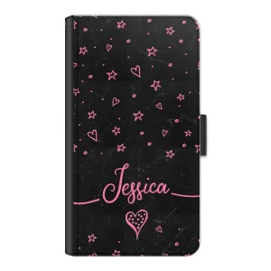 Personalised Xiaomi Phone Leather Wallet with Pink Stylish text, Stars and Hearts on Black Marble