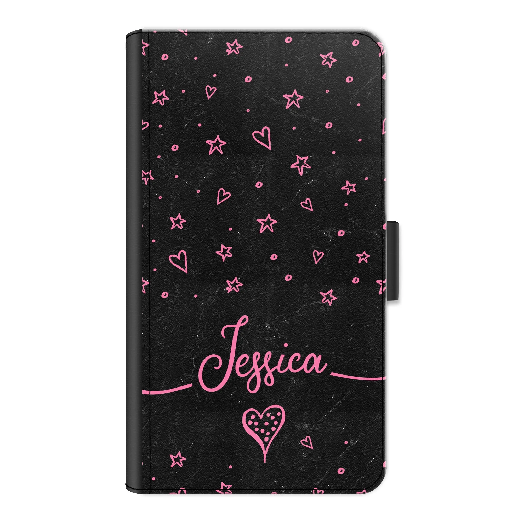 Personalised Xiaomi Phone Leather Wallet with Pink Stylish text, Stars and Hearts on Black Marble